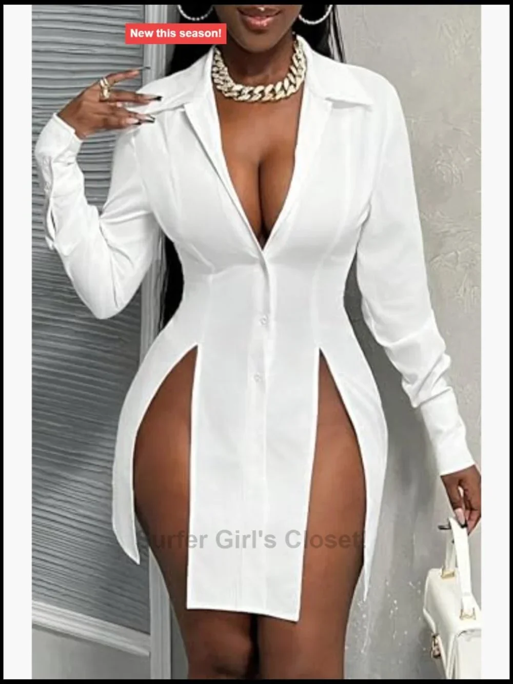 Women's Casual Button Down Shirt Dress Long Sleeve V Neck Side Slit Mini Dress